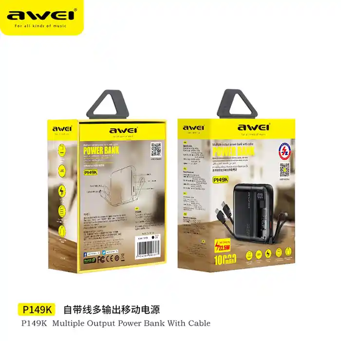 Awei P149K Mini Portable Power Bank 10000mAH With Cable PD 22.5W Fast Charge External Battery Multi Output Powerbank For Phone